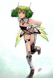  armored_boots bent_over boots brown_eyes collar cosplay female gauntlets green_hair highres looking_at_viewer macross macross_frontier mecha_musume mechanical_ears mechanical_skirt pote-mm ranka_lee short_hair solo thigh_strap vf-25 vf-25_(cosplay) 