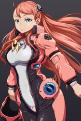  aida_rayhunton blue_eyes bodysuit female gold_necklace green_eyes grey_background gundam gundam_g_no_reconguista helmet holding holding_helmet jewelry long_hair looking_at_viewer necklace pink_bodysuit pink_hair shirt solo spacesuit uganda_(ugandam_00) white_shirt 