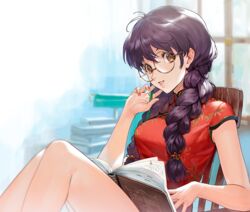  blue_background book book_on_lap braid breasts brown_eyes china_dress chinese_clothes commentary_request dress ekao eyebrows female freckles glasses long_hair looking_at_viewer medium_breasts purple_hair reading red_dress red_nails ri_kouran round_eyewear sakura_taisen short_sleeves sitting solo twin_braids window 