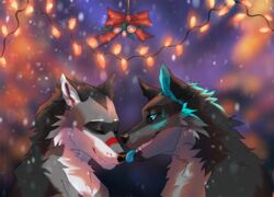  anthro blue_eyes blue_hair blue_markings blue_tongue canid canine canis christmas christmas_lights closed_eyes dar.tiss duo fur grey_body grey_fur hair hi_res holidays inner_ear_fluff jahn licking male male/male mammal markings matt_wolf mistletoe multicolored_body multicolored_fur plant red_markings sharp_teeth smile snow snowing teeth tongue tongue_out tuft wolf 