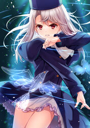  blue_hat blue_jacket blush breasts buttons clenched_teeth double-breasted fate/stay_night fate_(series) female fur_hat hair_between_eyes hat highres illyasviel_von_einzbern jacket long_hair long_sleeves looking_at_viewer md5_mismatch papakha red_eyes resolution_mismatch sidelocks small_breasts solo source_larger teeth thighs white_hair yan_(nicknikg) 