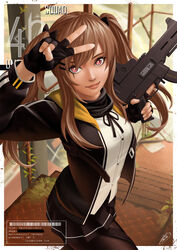  404_(girls&#039;_frontline) absurdres black_gloves blush brown_eyes brown_hair female girls&#039;_frontline gloves gun h&amp;k_ump hair_between_eyes hair_ornament hairclip highres jacket korean_commentary long_hair looking_at_viewer okita pantyhose realistic ribbon scar scar_across_eye scar_on_face shirt skirt smile solo submachine_gun twintails ump9_(girls&#039;_frontline) weapon 