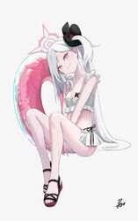  absurdres alternate_costume bare_arms bare_legs bare_shoulders bikini blue_archive blush female full_body grey_hair hair_ornament hair_ribbon halo highres innertube long_hair looking_at_viewer mutsuki_(blue_archive) peropicnic purple_eyes ribbon simple_background sitting smile solo swim_ring swimsuit very_long_hair 