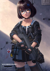  assault_rifle black_gloves brown_eyes brown_hair bullpup choker emblem english_text female fingerless_gloves flashbang girls&#039;_frontline glasses gloves gun hair_ornament highres holding looking_at_viewer necktie okita realistic rifle sar-21 sar-21_(girls&#039;_frontline) short_hair singapore skirt solo thighhighs weapon 