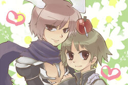  2boys apple apple_on_head armor arrow_(projectile) arrow_through_apple assassin_cross_(ragnarok_online) aura_(a440) black_coat black_shirt brown_eyes brown_hair closed_mouth coat commentary_request food fruit green_eyes hair_between_eyes head_wings heart high_priest_(ragnarok_online) layered_clothes long_sleeves looking_at_viewer male_focus multiple_boys open_clothes open_shirt pauldrons purple_scarf ragnarok_online red_apple scarf shirt short_hair shoulder_armor smile torn_clothes torn_scarf upper_body white_coat white_wings wings 