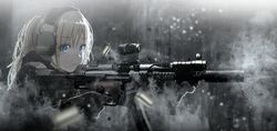  blonde_hair blue_eyes blurry blurry_foreground casing_ejection commentary_request dark female firing foregrip gloves gun h&amp;k_mp5 headphones high_ponytail highres load_bearing_vest long_hair military original ponytail reflex_sight shell_casing sidelocks solo submachine_gun suppressor upper_body weapon ylmi 