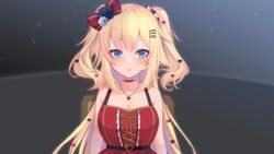  akai_haato akai_haato_(gothic_lolita) black_choker black_flower black_rose blonde_hair blue_eyes blurry blurry_background blush bow breasts chair choker cleavage collarbone commentary_request depth_of_field dress female flower hair_flower hair_ornament hairbow hairclip heart heart_hair_ornament highres hololive long_hair looking_at_viewer medium_breasts neon_genesis_evangelion official_alternate_hairstyle parody parted_lips red_bow red_dress rose sleeveless sleeveless_dress solo teeth two_side_up upper_teeth_only very_long_hair virtual_youtuber white_flower white_rose x_hair_ornament yoshiheihe 