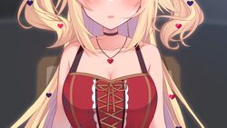  akai_haato akai_haato_(gothic_lolita) bare_shoulders black_choker blonde_hair blush breasts choker cleavage collarbone commentary_request dress facing_viewer female hair_ornament head_out_of_frame heart heart_hair_ornament highres hololive long_hair medium_breasts neon_genesis_evangelion official_alternate_costume official_alternate_hairstyle parody parted_lips red_dress sleeveless sleeveless_dress solo teeth two_side_up upper_body upper_teeth_only very_long_hair virtual_youtuber yoshiheihe 