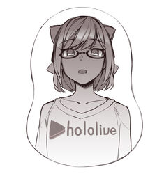  a-chan_(hololive) breast_mousepad collarbone commentary_request copyright_name cropped_torso female flat_chest flat_chest_joke glasses greyscale highres hololive looking_at_viewer monochrome mousepad_(medium) open_mouth short_hair solo straight-on tenbin_gashira upper_body virtual_youtuber white_background 