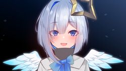  :d amane_kanata amane_kanata_(1st_costume) angel asymmetrical_bangs black_shirt blue_bow blue_hair blush bob_cut bow colored_inner_hair commentary_request feathered_wings female grey_hair grey_jacket hair_between_eyes hair_over_one_eye halo high_collar highres hololive jacket looking_at_viewer mini_wings multicolored_hair open_mouth purple_eyes shirt short_hair sidelocks single_hair_intake smile solo star_halo two-tone_hair virtual_youtuber white_wings wings yoshiheihe 