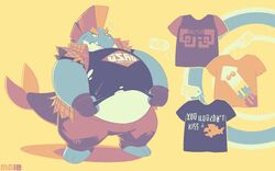  2018 anthro belly biped bottomwear clothing cohock_(splatoon) fish greenendorf hi_res humanoid_hands male marine nintendo overweight overweight_male pants salmonid_(splatoon) shirt solo splatoon text text_on_clothing text_on_shirt text_on_topwear topwear 