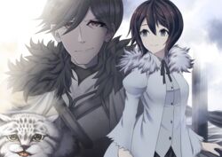  1boy aroha_j black_hair brown_eyes coat commentary_request female fur_trim hair_between_eyes long_sleeves looking_at_viewer manul_the_knight_of_the_fist oscar_the_frozen_sea_admiral outdoors pixiv_fantasia pixiv_fantasia_last_saga smile standing yuki_the_empress&#039;_aide 