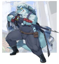  anthro bandana biceps boots clothing fish footwear harpoon harpoon_gun hi_res isaribi kerchief kzy_r9877 lifewonders live_a_hero male marine melee_weapon muscular muscular_anthro muscular_male overalls pecs polearm scar shark solo spear weapon yellow_eyes 