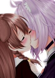  2girls ahoge animal_ear_fluff animal_ears bakko black_choker blush bow braid brown_hair cat_ears cat_girl choker closed_eyes collar dog_ears dog_girl extra_ears eyes_visible_through_hair height_difference highres hololive inugami_korone kissing multiple_girls nekomata_okayu nekomata_okayu_(casual) purple_hair saliva saliva_trail virtual_youtuber yellow_bow yuri 