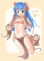  2016 :3 animal_ears bikini bikini_top_only blue_hair blush boots bow brown_bikini brown_capelet brown_gloves capelet cat_brooch chinese_zodiac commentary_request emurin female flat_chest full_body gloves green_eyes hairbow jumping long_hair looking_at_viewer mage_(ragnarok_online) majiko_(emurin) midriff monkey monkey_ears navel open_mouth pelvic_curtain ragnarok_online red_bow red_footwear red_skirt showgirl_skirt skirt smile swimsuit year_of_the_monkey yoyo_(ragnarok_online) 