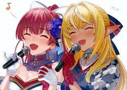  2girls anchor_choker blonde_hair blue_kimono blush bow breasts choker cleavage closed_eyes commentary dark-skinned_female dark_skin ear_blush elf floral_print flower gloves hair_flower hair_ornament hairbow highres holding holding_hands holding_microphone hololive houshou_marine houshou_marine_(new_year) interlocked_fingers japanese_clothes jewelry kimono long_hair medium_breasts microphone multicolored_hair multiple_girls music musical_note off_shoulder official_alternate_costume open_mouth pendant pointy_ears ponytail red_choker red_gloves red_hair shiranui_flare shiranui_flare_(new_year) side-by-side simple_background singing smile streaked_hair sweatdrop two-tone_hair upper_body virtual_youtuber white_background white_gloves white_hair white_kimono yomosaka 