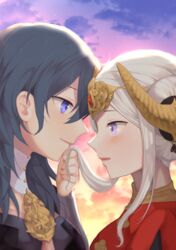  2girls black_hair blue_eyes blush byleth_(female)_(fire_emblem) byleth_(fire_emblem) closed_mouth cloud commentary_request edelgard_von_hresvelg fire_emblem fire_emblem:_three_houses from_side fukuroumori gradient_sky headpiece highres holding_another&#039;s_hair horns long_hair looking_at_another multiple_girls outdoors parted_lips profile purple_eyes sidelocks sky smile star_(sky) tied_hair upper_body white_hair yuri 