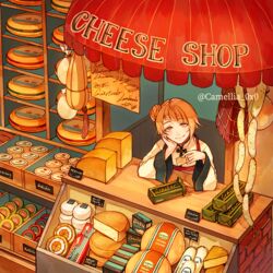  akagi_shun apron asymmetrical_bangs bangs blonde_hair blunt_bangs cheese cheese_wheel cracker english_text female food hair_bun hand_on_own_chin high_collar holding holding_food long_sleeves looking_at_viewer mandarin_collar meat original sausage shirt shop shopkeeper sign smile solo stall twitter_username yellow_eyes 