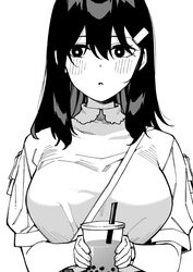  blush breasts bright_pupils bubble_tea byte_(allbyte) drink drinking_straw female greyscale hair_ornament hairclip highres holding holding_drink large_breasts looking_to_the_side monochrome original solo white_background white_pupils 