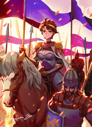  6+boys armor beard breasts brown_hair cape cavalry circlet cleavage closed_mouth facial_hair female flag gauntlets gongxiao_zao green_eyes helmet highres holding holding_flag holding_polearm holding_shield holding_weapon horse horseback_riding ira_(mount_&amp;_blade) mount_&amp;_blade multiple_boys polearm riding shield short_hair signature warrior weapon white_cape 