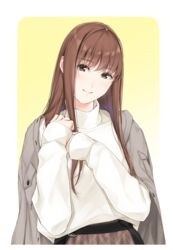  brown_eyes brown_hair closed_mouth coat coat_on_shoulders commentary english_commentary female grey_coat head_tilt highres long_hair long_sleeves looking_at_viewer nayuta69 original smile solo sweater upper_body white_sweater 