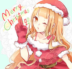  :o belt blonde_hair blue_background dress female gloves hair_between_eyes hat highres long_hair looking_at_viewer one_eye_closed open_mouth red_dress red_gloves red_riding_hood_(sinoalice) rico_tta santa_costume santa_dress santa_gloves santa_hat sinoalice solo two-tone_background white_background yellow_eyes 