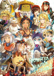  absurdres anzo_(anzu_elichi0928) arm_tattoo ayuria cheval ena_(monster_hunter) fewer_digits highres jewelry kayna_(monster_hunter) kyle_(monster_hunter) lilia_(monster_hunter) mask mask_on_head monster_hunter_(series) monster_hunter_stories monster_hunter_stories_2 multiple_boys multiple_girls naville_(monster_hunter_stories) neck_ring necklace protagonist_(mhs2) rathalos shell shell_necklace stomach_tattoo tattoo tooth_necklace tribal tribal_tattoo tsukino_(monster_hunter) 