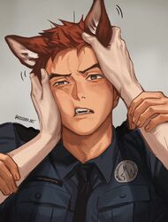  1boy animal_ears artist_name bara between_pectorals blush brown_eyes dog_boy dog_ears etceteraart fangs hand_on_another&#039;s_head highres male_focus muscular muscular_male necktie necktie_between_pectorals original pectorals petting police police_uniform policeman pov pov_adoring pov_hands red_hair rubbing thick_eyebrows uniform upper_body 