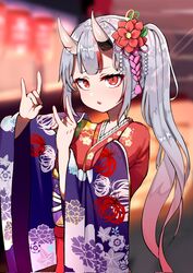  :o blurry blurry_background colored_tips double_fox_shadow_puppet female floral_print flower fox_shadow_puppet grey_hair hair_flower hair_ornament highres hololive horns japanese_clothes kanzashi kimono long_hair looking_at_viewer multicolored_hair nakiri_ayame nakiri_ayame_(new_year) red_eyes red_hair side_ponytail skin-covered_horns solo streaked_hair trap_(drthumt) upper_body virtual_youtuber wide_sleeves 