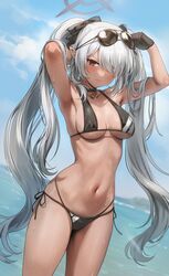  absurdres armpits aviator_sunglasses bikini black_bikini black_gloves blue_archive blush breasts choker commentary dark-skinned_female dark_skin eyewear_on_head female gijang gloves grey_hair hair_over_one_eye hair_ribbon halo highres iori_(blue_archive) iori_(swimsuit)_(blue_archive) long_hair looking_at_viewer multi-strapped_bikini_bottom navel ocean official_alternate_costume outdoors pointy_ears red_eyes ribbon side-tie_bikini_bottom small_breasts solo sunglasses swimsuit twintails very_long_hair wet 