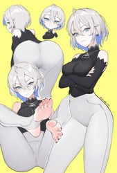  absurdres ass bare_shoulders bent_over black_nails blue_eyes blue_hair breasts colored_inner_hair crossed_arms detached_sleeves earrings feet female foot_focus from_behind grey_hair hair_between_eyes highres jewelry lan_mao_akko large_breasts legs looking_at_viewer looking_back multicolored_hair multiple_views nail_polish original pantyhose presenting_foot short_hair simple_background smile soles stirrup_legwear toeless_legwear toenail_polish toenails toes white_pantyhose yellow_background 