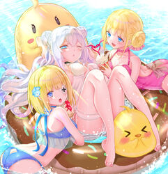  3girls :d afloat alternate_costume ass azur_lane bare_back bikini blonde_hair blue_bikini blue_eyes blunt_bangs breasts cleavage commentary double_bun hair_between_eyes hair_bun le_malin_(azur_lane) le_malin_(mercredi_at_the_secret_base)_(azur_lane) le_terrible_(azur_lane) le_triomphant_(azur_lane) lifebuoy long_hair looking_at_viewer lying manjuu_(azur_lane) midriff multiple_girls ocean official_alternate_costume open_mouth sidelocks smile swim_ring swimsuit two_side_up ui._(aqua_pot) white_hair 