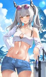  abs absurdres aoi_13 black_bra blue_sky blush bra breasts cleavage cloud crop_top cropped_shirt day denim denim_shorts eyewear_on_head female grey_hair hair_ornament headgear highres holding karenina_(punishing:_gray_raven) long_hair long_sleeves looking_at_viewer medium_breasts navel open_mouth orange_eyes outdoors punishing:_gray_raven shorts sky solo sunglasses thighs tinted_eyewear twintails underwear white_hair 