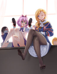  3girls absurdres ark_royal_(azur_lane) azur_lane bare_legs barefoot black_legwear blonde_hair blue_capelet blue_dress blue_eyes cang_se_ye_hua capelet chinese_commentary commentary_request dress feet green_eyes hair_over_shoulder hat high_ponytail highres holding holding_shoes hood_(azur_lane) javelin_(azur_lane) javelin_(slow_ahead!)_(azur_lane) legs long_hair looking_at_viewer medium_hair multiple_girls no_shoes one_eye_closed pantyhose pleated_skirt pouring pouring_onto_self purple_hair purple_skirt revision royal_navy shoes skirt soles tea toes toes_up union_jack wet wet_clothes white_dress wide_ponytail 