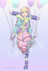  animification apex_legends balloon blonde_hair blue_eyes blue_footwear blue_jacket blush bodysuit eyebrows_hidden_by_hair eyeshadow female heart highres holding holding_balloon hood hooded_jacket jacket kawaii_voltage_wattson knee_pads looking_at_viewer makeup open_mouth osushimax pink_bodysuit pink_headwear purple_eyeshadow ribbed_sweater scar scar_on_cheek scar_on_face smile solo star_(symbol) sweater wattson_(apex_legends) yellow_sweater 