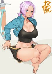  adjusting_clothes adjusting_shorts barefoot black_shorts blue_eyes breasts cleavage clothes_lift collarbone commentary cropped_jacket denim denim_jacket dragon_ball dragon_ball_z female forehead full_body genderswap_(mtf) jacket large_breasts low_ponytail midriff navel neone planted planted_sword pout purple_hair rule_63 scabbard sheath sheathed shirt_lift shorts sitting soles solo sword tan thick_thighs thighs toes trunks_(dragon_ball) trunks_(future)_(dragon_ball) weapon 