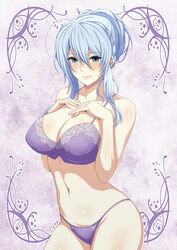  bare_arms bare_shoulders blue_eyes blue_hair blush borrowed_character bra breasts cleavage closed_mouth commentary cowboy_shot english_commentary female hair_between_eyes hands_on_own_chest highres large_breasts light_blue_hair looking_at_viewer minaisu mixed-language_commentary navel original panties purple_bra purple_panties sidelocks smile solo standing star_(symbol) stomach string_panties underwear underwear_only yukino_(zeroshiki_kouichi) 