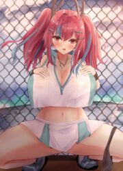  absurdres aqua_hair azur_lane black_panties breasts bremerton_(azur_lane) bremerton_(scorching-hot_training)_(azur_lane) chain-link_fence cleavage commentary crop_top crop_top_overhang female fence hair_ornament hands_on_own_chest heart heart_necklace highres jewelry midriff miniskirt mole mole_under_eye multicolored_hair necklace official_alternate_costume panties panties_around_one_leg pink_eyes pink_hair shirt skirt sleeveless sleeveless_shirt solo sportswear squatting streaked_hair takahasho tennis_uniform two-tone_hair two-tone_shirt two-tone_skirt underwear x_hair_ornament 