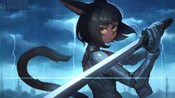  animal_ears artist_name black_hair cat_ears cat_tail commentary commission cyberpunk cyborg dark-skinned_female dark_skin english_commentary female final_fantasy final_fantasy_xiv highres holding holding_sword holding_weapon joints lightning_bolt_symbol looking_at_viewer miqo&#039;te rain robot_joints slit_pupils solo sword tail tostantan warrior_of_light_(ff14) weapon yellow_eyes 