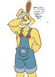  animal_crossing anthro blush bodily_fluids buckteeth clothing embarrassed english_text fur hi_res hickeybickeyboo lagomorph leporid male mammal nintendo nipples overalls rabbit solo sweat teeth text yellow_body yellow_fur zipper_t._bunny 