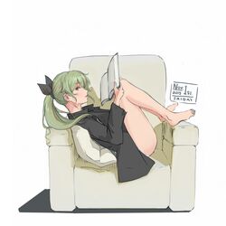  alternate_hairstyle anchovy_(girls_und_panzer) armchair barefoot black_ribbon black_shirt book chair commentary_request dated dress_shirt female from_side girls_und_panzer green_hair hair_ribbon highres holding holding_book long_hair long_sleeves looking_at_viewer lying no_pants on_back on_chair panties pillow ponytail reading ribbon shadow shirt simple_background solo underwear useless_(gss44344) white_background white_panties 