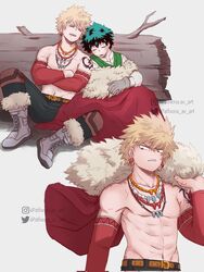  2boys 2nd_popularity_poll_(boku_no_hero_academia) abs athena_av bakugou_katsuki bare_shoulders belt black_pants blonde_hair boku_no_hero_academia boots brown_belt cape closed_eyes commentary crossed_arms drooling earrings english_commentary freckles fur-trimmed_boots fur-trimmed_cape fur_trim gloves green_hair green_vest grey_footwear grey_gloves highres holding holding_cape holding_clothes instagram_logo instagram_username jewelry log long_sleeves looking_to_the_side male_focus midoriya_izuku multiple_boys multiple_views necklace no_nipples official_alternate_costume open_mouth pants red_cape red_eyes saliva shirt short_hair shoulder_tattoo simple_background sitting sleeping spiked_hair standing tattoo teeth toned toned_male topless_male twitter_logo twitter_username vest white_background white_shirt 