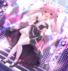  :d black_dress black_footwear blurry blurry_background blush breasts collar commentary_request depth_of_field detached_collar dress dutch_angle fangs female frilled_dress frilled_skirt frills hair_between_eyes hair_ribbon hand_up highres himekuma_ribon long_hair petals pink_hair pink_ribbon pleated_skirt re:act red_eyes ribbon shoes skindentation skirt small_breasts smile solo stage standing standing_on_one_leg thighhighs twintails virtual_youtuber white_collar white_skirt white_thighhighs wing_collar yuyuko_(yuyucocco) 