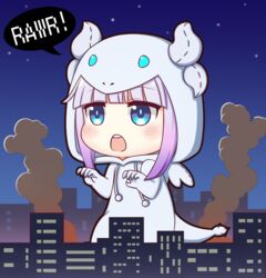  animal_costume blue_eyes blunt_bangs building chibi cityscape claw_pose commentary dragon_costume drawstring female giant giantess gradient_hair hood hood_up horns kanna_kamui kanna_kamui_(dragon)_(maidragon) kobayashi-san_chi_no_maidragon light_purple_hair looking_away multicolored_hair night open_mouth outdoors purple_hair round_teeth sidelocks smoke solo speech_bubble tail teeth upper_teeth_only vermeith 