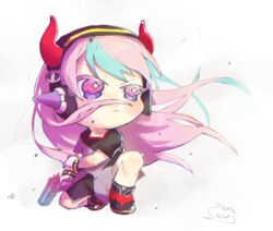  apex_legends b3_wingman black_dress black_footwear blue_hair chibi crazy_raccoon dress female flat_chest floating_hair gun highres holding holding_gun holding_weapon horns kinkan_sanshou long_hair multicolored_hair pink_hair purple_dress purple_eyes revolver selly55 solo squatting streaked_hair two-tone_dress weapon white_background 