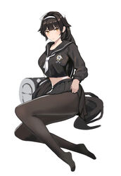  ass azur_lane black_hair black_legwear black_serafuku black_skirt blush bow breasts brown_eyes closed_mouth crossed_legs female floral_print flower hair_ornament highres jonbur_man large_breasts lifting_own_clothes long_hair looking_at_viewer official_alternate_costume pantyhose photoshop_(medium) pleated_skirt ponytail school_uniform serafuku simple_background skirt takao_(azur_lane) takao_(school_romanza)_(azur_lane) very_long_hair white_background white_bow white_flower 