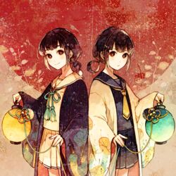  2girls akagi_shun aqua_nails aqua_neckwear bangs black_hair blue_robe blue_skirt blunt_bangs blush braid brown_eyes distressed_(effect) floral_print holding holding_lantern lantern long_sleeves looking_at_viewer multiple_girls nail_polish neck_ribbon necktie original paper_lantern plant pleated_skirt ponytail ribbon rising_sun robe sailor_collar school_uniform serafuku skirt smile standing sunburst white_skirt yellow_neckwear 