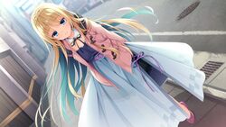  arms_behind_back belt belt_buckle blonde_hair blue_eyes blue_hair blue_skirt braid buckle closed_mouth colored_inner_hair crown_braid detached_collar dutch_angle female game_cg grate highres jacket kido_tsubasa long_hair long_skirt looking_at_viewer multicolored_belt multicolored_hair muririn official_art open_clothes open_jacket outdoors parquet_(yuzusoft) pink_belt pink_jacket pink_legwear purple_belt road sewer_grate side_slit sidewalk skirt smile solo standing storm_drain street toggles two-tone_hair very_long_hair white_skirt 