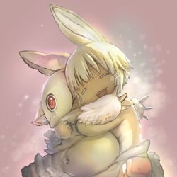  2others androgynous animal_ears closed_eyes commentary_request facing_another fangs furry hug made_in_abyss mitty_(made_in_abyss) multiple_others nanachi_(made_in_abyss) official_art red_eyes short_hair teeth tsukushi_akihito upper_teeth_only whiskers white_hair 