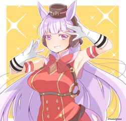  animal_ears armband blunt_bangs border bow bowtie commentary dress female gloves gold_ship_(umamusume) grey_hair grin headgear high_collar highres horse_ears horse_girl horse_tail long_hair looking_at_viewer namatyoco outside_border pillbox_hat pose purple_eyes red_bow red_bowtie red_dress short_dress sleeveless sleeveless_dress smile solo standing tail twitter_username umamusume upper_body white_border white_gloves yellow_background 